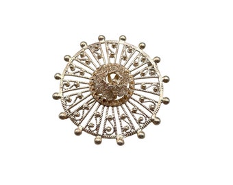 Vintage Sterling Silver Spun Silver Filigree Pin Brooch Round Wheel Sunburst Pin