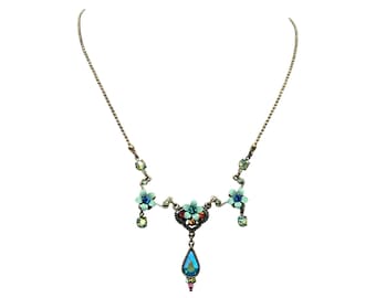 ORLY ZEELON Necklace Blue Turquoise Enamel Flowers And Rhinestones