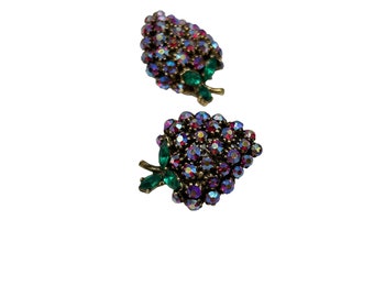 Vintage Clip On Strawberries Berries Earrings Red AB Aurora Borealis Rhinestones