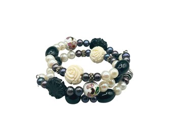 Onyx Pearls Cloisonne Bracelet Vintage BJ Sterling 925 Beaded Wrap Bracelet
