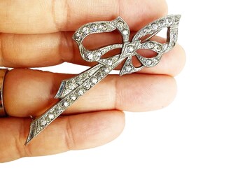 Art Deco revival bow pin brooch rhinestones elegant stylized design pin