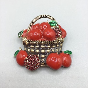 Basket Apples Brooch DANA BUCHMAN Gold Tone & Red Enamel Fruit Rhinestones Pin