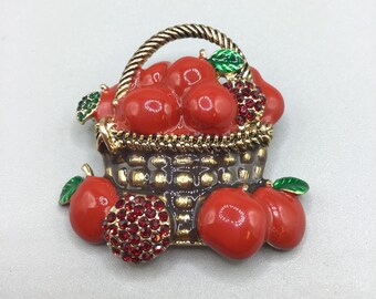 Basket Apples Brooch DANA BUCHMAN Gold Tone & Red Enamel Fruit Rhinestones Pin