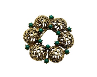 Vintage Circle Wreath Brooch Filigree Green Gold Tone Floral Round Small Pin