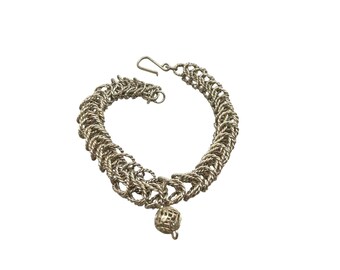 Vintage Bracelet Handcrafted Silver Tone Graduated Wave Bracelet With Ball Charm 8"