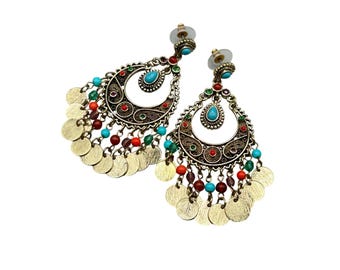 GRAZIANO Chandelier Earrings Pierced Oversized Dangles Colorful Beads Gold Tone Metal