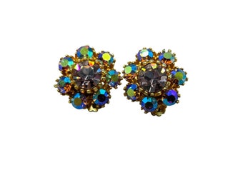 Purple Rhinestones Earrings Aurora Borealis Clip On Clusters Vintage Earrings