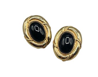 Vintage Gold Tone & Black Oval Clip On Earrings Classic Costume Jewelry