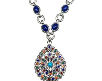 Graziano 1990s Silver Tone Drop Medallion Necklace Multicolor Stones Blue Accent