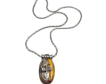 Tiger Eye Pendant Necklace Silver Tone Necklace Chain Oval Semi Precious Stone
