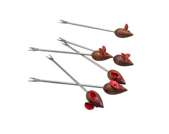 Vintage Mice Olive Picks Mouse Pick Appetizer Picks Wood Mice With Red Eyes
