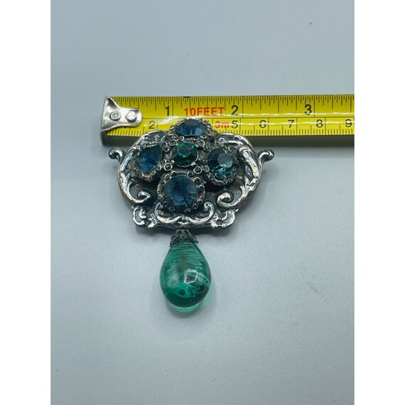 Vintage Jeweled Brooch Faux "Flawed" Emerald Drop… - image 9