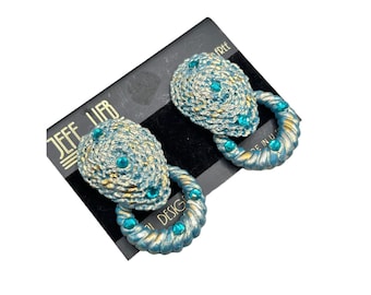 Jeff Lieb Gold & Teal Clip On Earrings Door Knockers with Removable Dangles