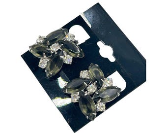 Smokey Gray Rhinestones Earrings Clip On Silver Tone Vintage Costume Clipons