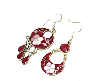 Vintage Alpaca Mexico Mismatched Dangles Hook Earrings Red Stone and Shell Inlay