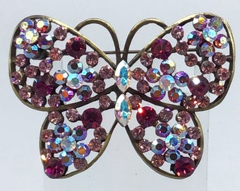 Rhinestones Crystal Butterfly Pin Brooch Pink AB Aurora Borealis Costume Jewelry