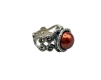 Rust Color Pearl Ring Size 4.5 Israel Didae 925 Ornate Filigree Pearl Cabochon