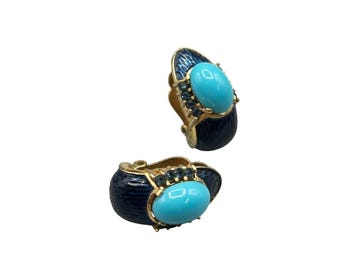 Vintage TRIFARI L'Orient Clip On Earrings Turquoise Blue Cabochon Scarce Color