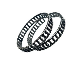 GRAZIANO Set Of 2 Chain Design Bangle Bracelets SIlver Tone Gunmetal Color