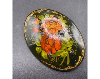 Vintage Hand Painted Lacquer Brooch Flowers Bouquet Oval Shaped Artist Signed