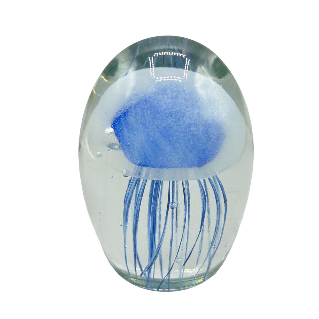Vintage Art Glass Jellyfish Paperweight Clear Blue Oval Shaped Sea Life ...