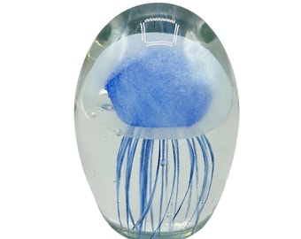 Vintage Art Glass Jellyfish Paperweight Clear Blue Oval Shaped Sea Life Decor