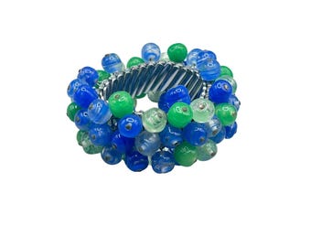 Vintage Expansion Cha Cha Bracelet Blue And Green Art Glass Beads Marked Japan