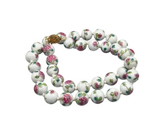 Antique Cloisonne Beaded Necklace Hand Knotted White Beads Pink Floral Design