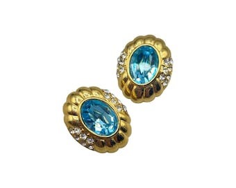 NOLAN MILLER Blue Topaz Glass Clip On Earrings Gold Tone And Rhinestones Elegant Classic