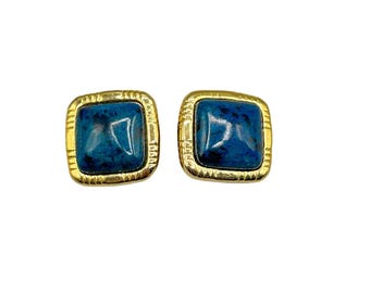 Vintage Clip On Earrings 1980s Blue Glass & Gold Tone Square Shape