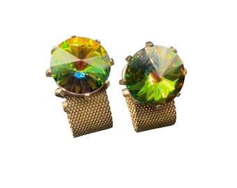 Vintage Cufflinks Gold Tone Mesh and Green Glass Rivoli Stones Prism Formal Wear