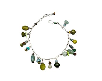 Vintage Sterling Silver Charm Bracelet With Green Semi precious Stone Dangles