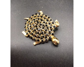 Rhinestones Turtle Pin Brooch Gold Tone & Black Large Animal Costume Jewelry