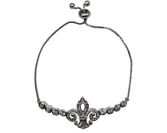 Fleur De Lis Bracelet Silver Tone and Rhinestones Adjustable Length Bracelet