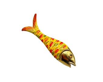 Vintage Fish Pin Brooch Yellow Orange Enamel Gold Tone Figural Jewelry