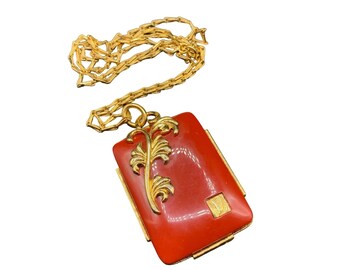 Retro Necklace Red Plastic Geometric Pendant Necklace Gold Tone Long Chain