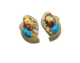 Vintage Statement Clip On Earrings 70s Abstract Design with Colorful Cabochons