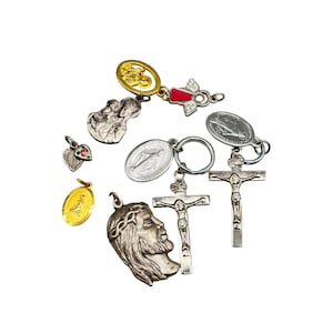 Assorted Vintage Religious Medals Crosses & Charms Lot 10 Pcs Christianity