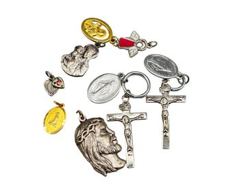 Assorted Vintage Religious Medals Crosses & Charms Lot 10 Pcs Christianity