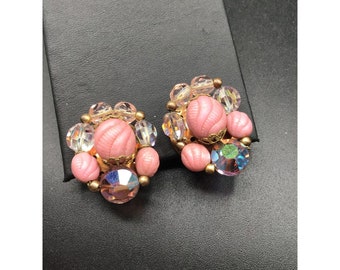 Pink Clusters Earrings Clip On Beaded Art Glass Beads Hand Wired Vintage Jewelry