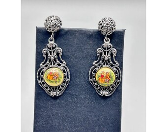 Filigree Screw Back Earrings Silver Tone Early Vintage Romantic Scene Cabochons
