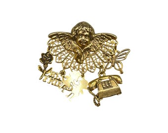 Vintage Angel Cherub Brooch With Dangle Charms Rose Butterfly Best Friend Phone