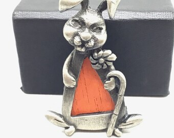 Vintage Bunny Brooch Pewter Metal Wood Figural Rabbit Vintage Animal Costume Pin