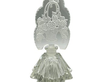 Vintage Art Deco Perfume Bottle Pressed Glass Etched Floral Basket Design Stopper