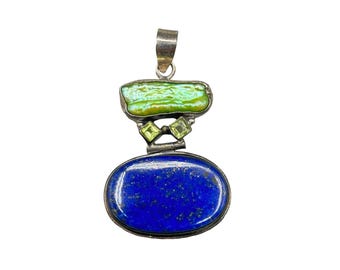 Lapis Lazuli & Green Dyed Pearl Sterling Silver Pendant 2" Charm Pendant