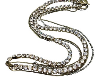 Vintage 90s Necklace Gold Tone Multi Chain Rhinestones Clear Stones Toggle Clasp