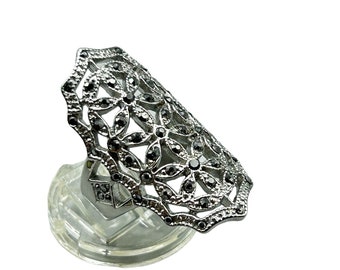 Marcasites Ring Size 7.5 Elongated Face Silver Tone Metal Long Classic Ring