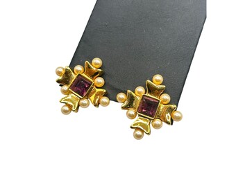 Vintage MVH Princess Michaela Von Habsburg Earrings Purple Rhinestones & Pearls