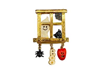 Halloween Ghost & Pumpkin Window Pin Brooch with Charms Boo Spider Holiday Pin