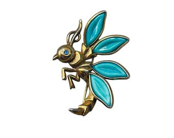 Vintage Trifari Insect Pin Brooch 1950'S Petalettes Wasp Hornet Blue Glass Wings